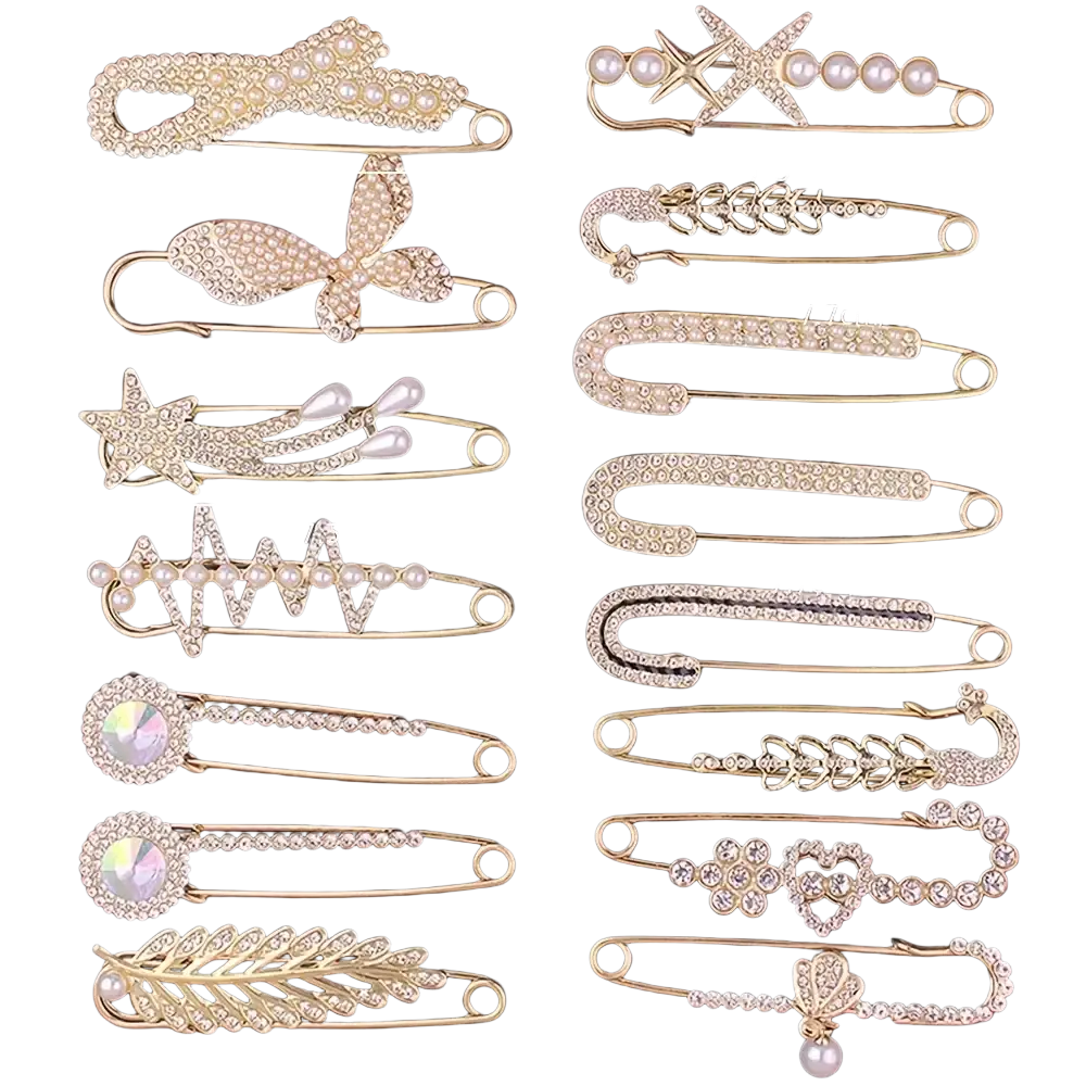 Gold-toned rhinestone brooch pin set with crystal and pearl accents for women scarf clips in decorative designs