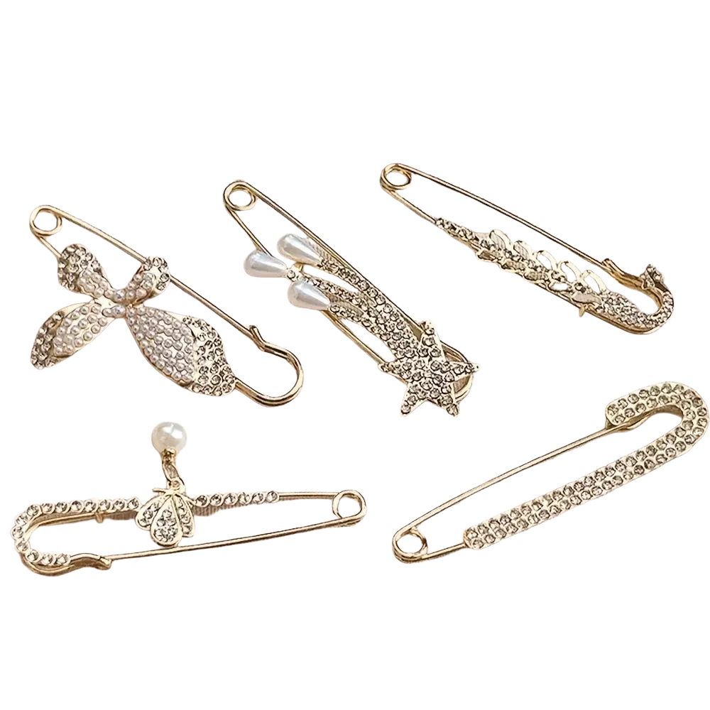 Gold-toned rhinestone brooch pin set for women featuring safety pins with bows pearls stars and floral accents for scarves