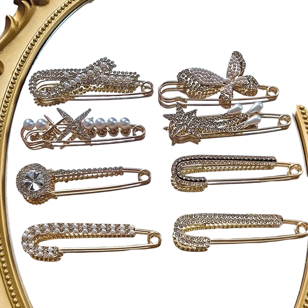 Gold-toned rhinestone brooch pin set for women featuring safety pin scarf clips with pearls bows stars and crystals