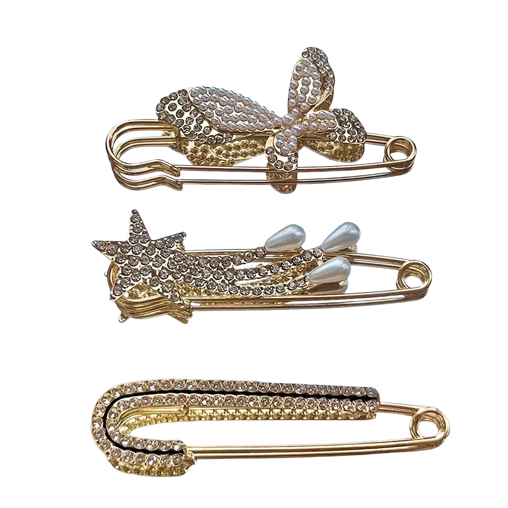 Gold-toned rhinestone brooch pin set for women featuring safety pin scarf clips with bow star and curved designs