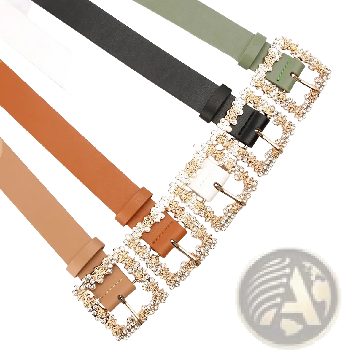 A set of rhinestone buckle women pu belts in black white tan and olive green featuring square sparkling buckles