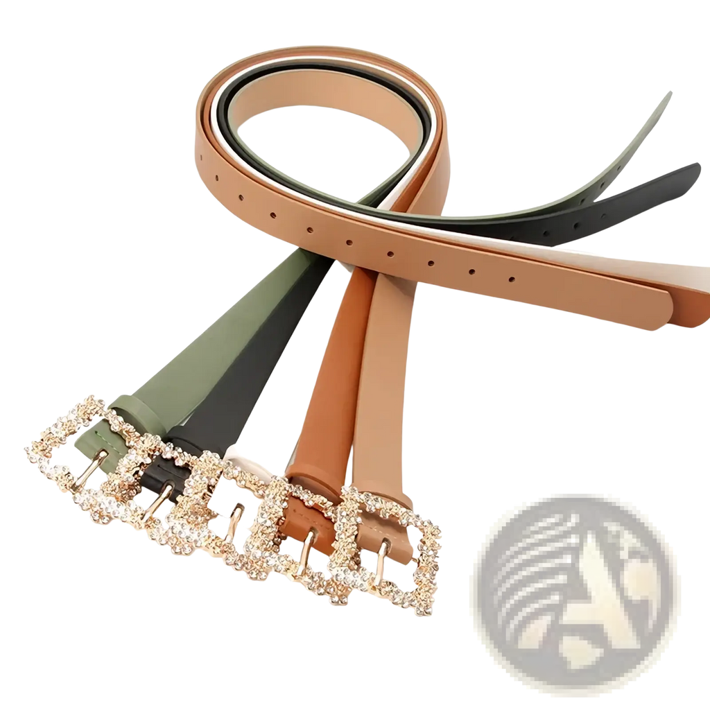 A set of five slim women pu belts in beige olive green black white and tan with square rhinestone buckles