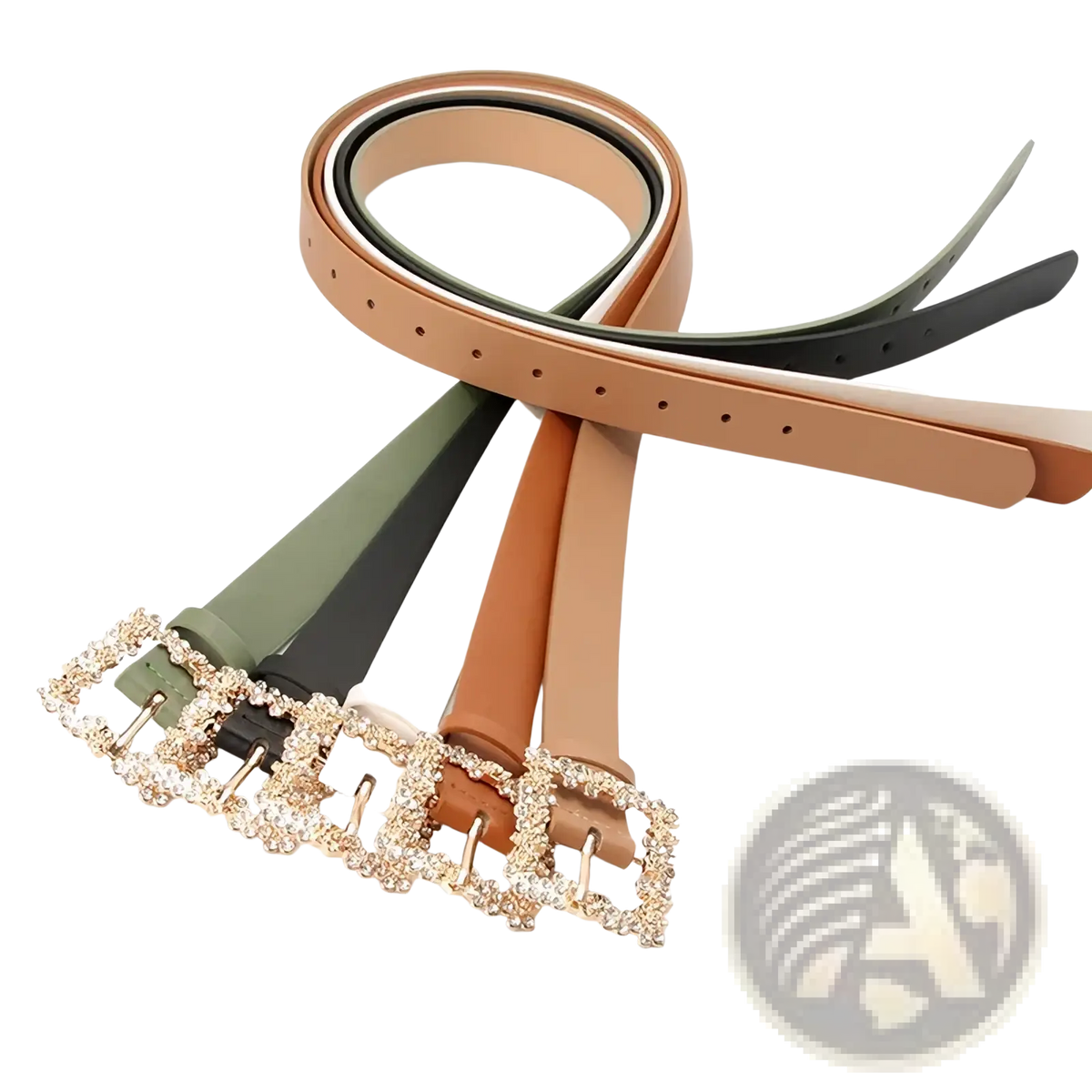 A set of five slim women pu belts in beige olive green black white and tan with square rhinestone buckles