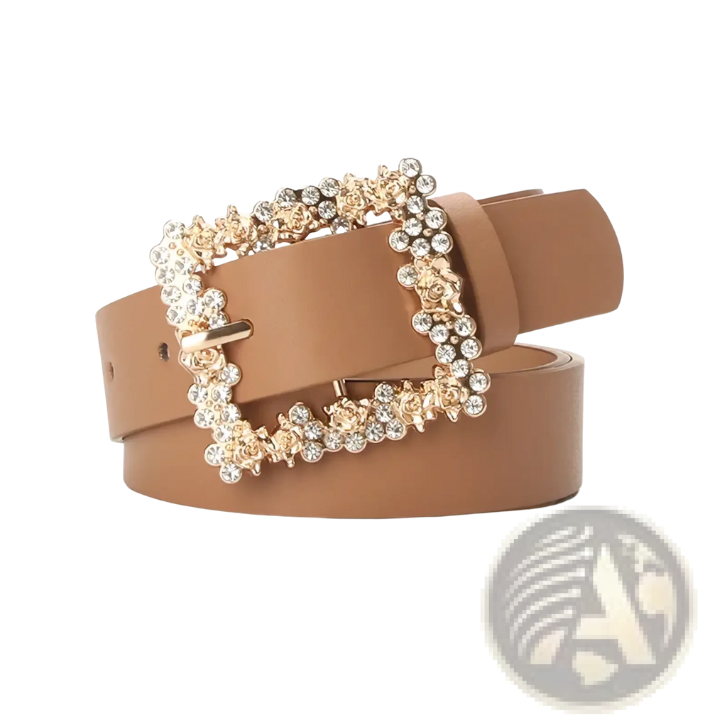 Tan leather pu belt with rectangular buckle featuring gold-toned floral embellishments and clear rhinestones for women
