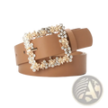 Tan leather pu belt with rectangular buckle featuring gold-toned floral embellishments and clear rhinestones for women