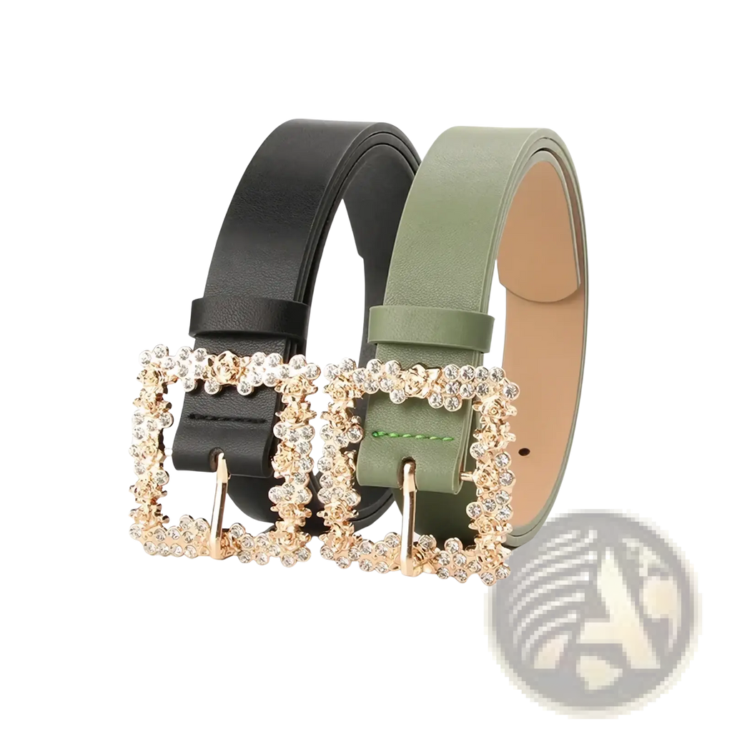A pair of rhinestone buckle women pu belts in black and olive green leather with gold tone square buckles