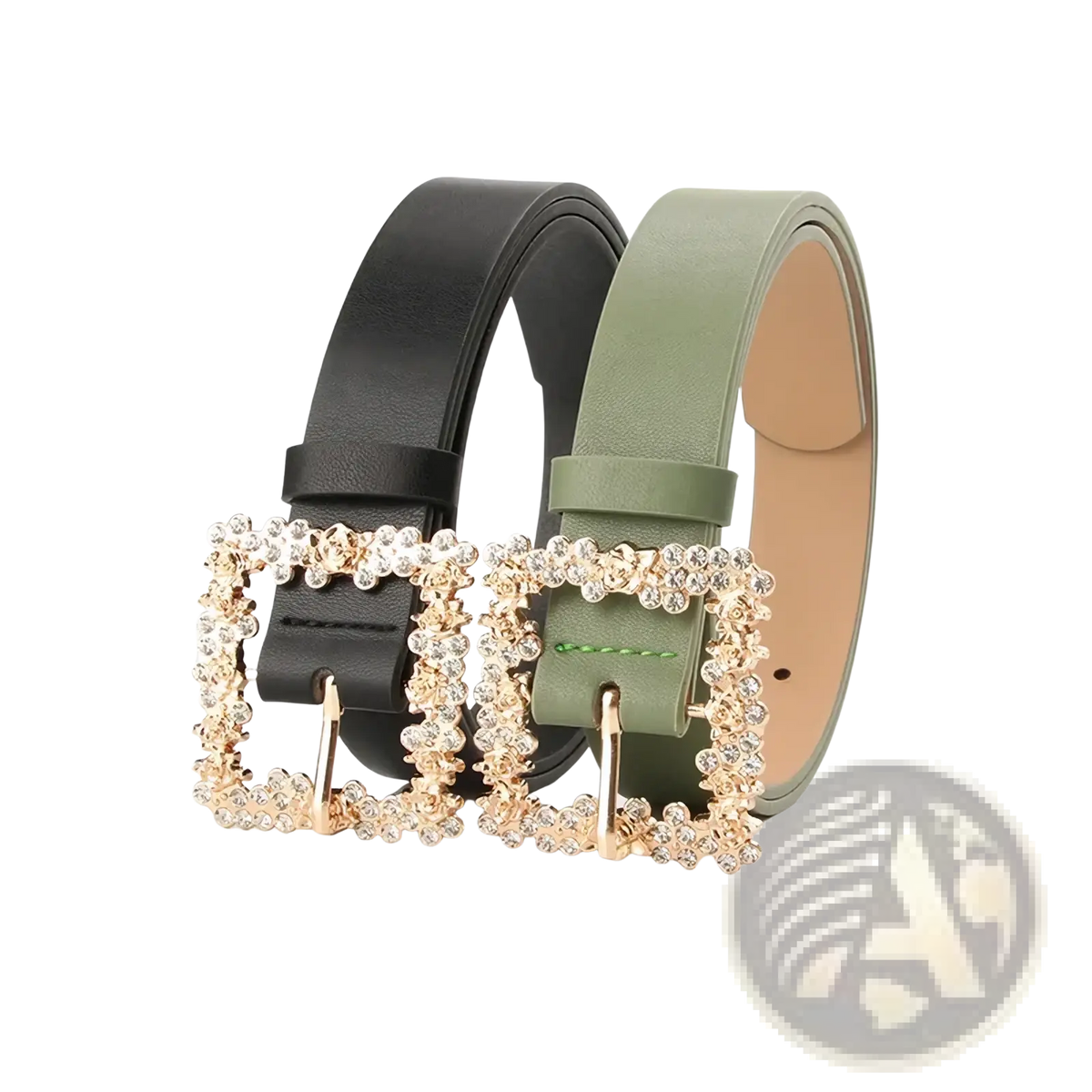 A pair of rhinestone buckle women pu belts in black and olive green leather with gold tone square buckles