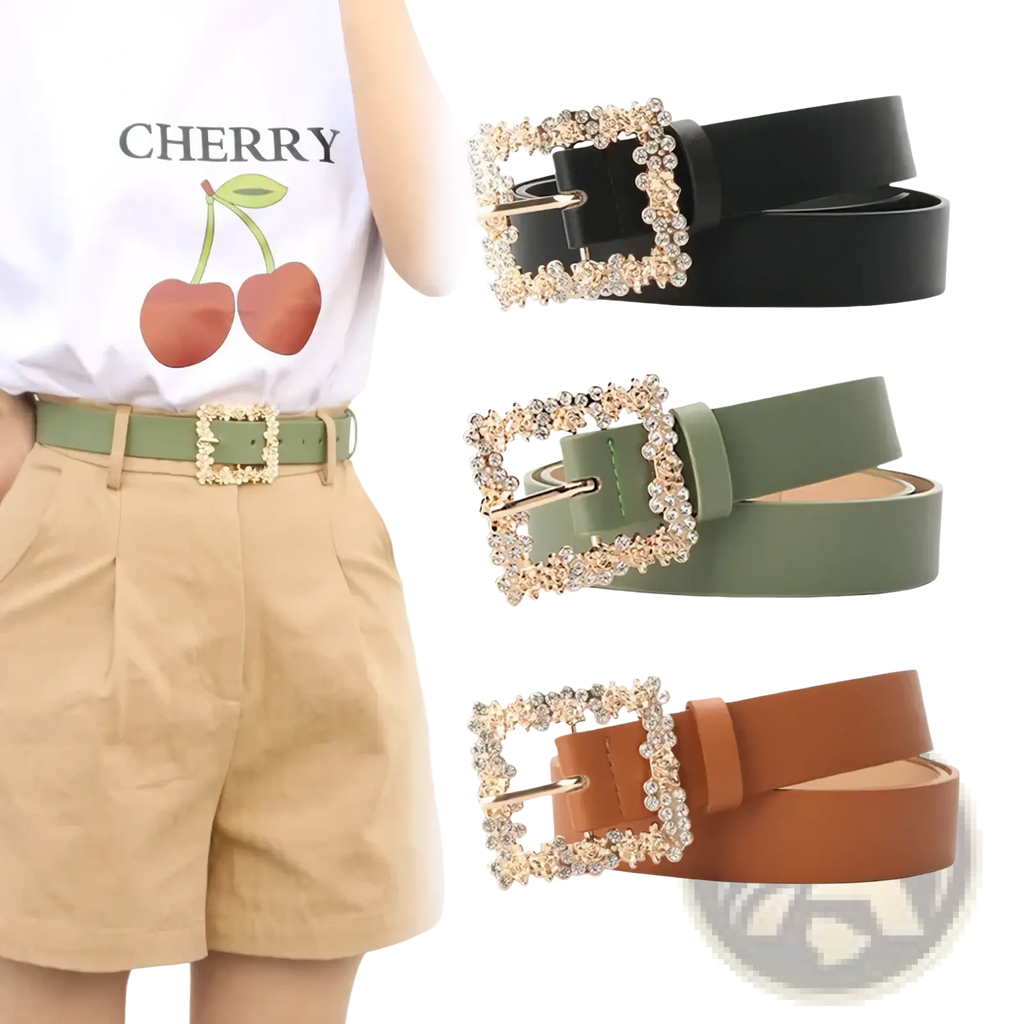 A rhinestone buckle women pu belt set featuring a crystal-encrusted square buckle and smooth leather strap in black olive or brown