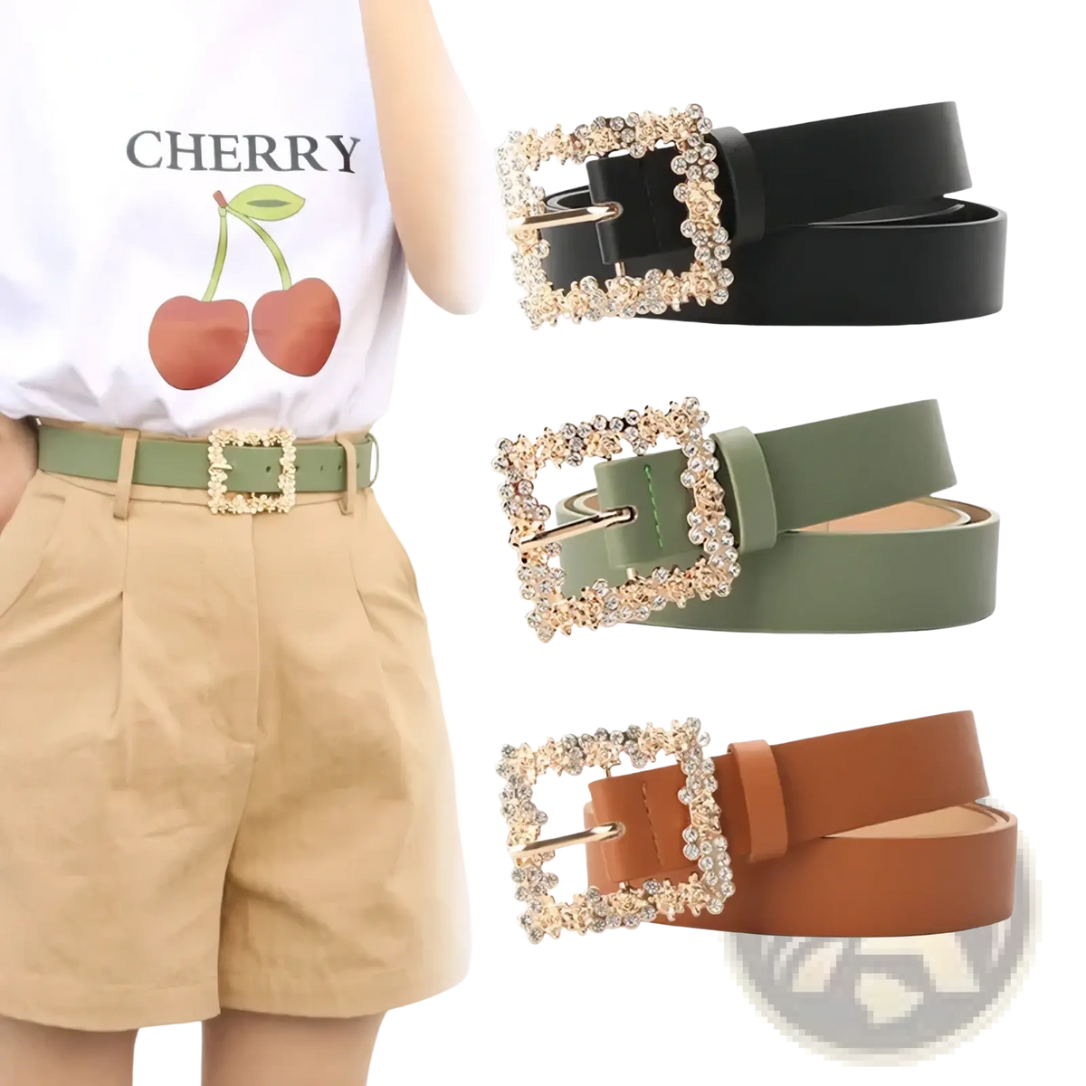 A rhinestone buckle women pu belt set featuring a crystal-encrusted square buckle and smooth leather strap in black olive or brown