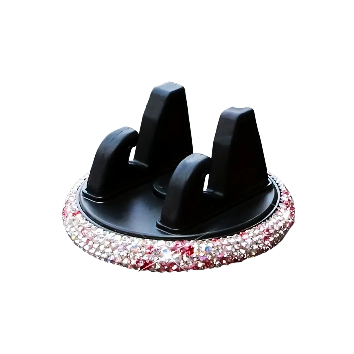 A black rhinestone car phone holder vent mount with sparkling pink and clear rhinestone trim visible from the front
