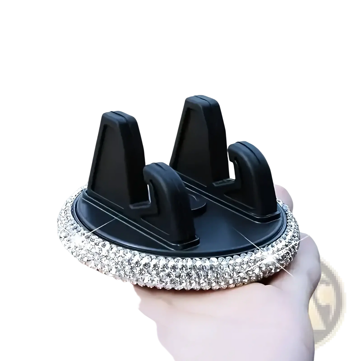 Black car air vent phone holder with sparkling silver rhinestone trim designed for secure dashboard mounting