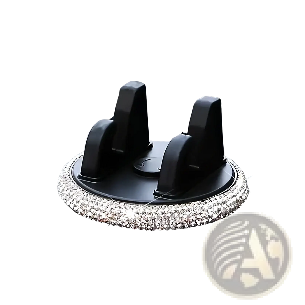 Black car air vent phone holder with sparkling silver rhinestone trim for secure mounting in vehicle vents