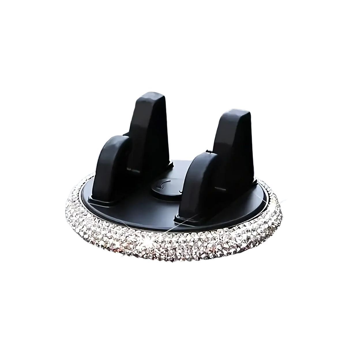 Black car air vent phone holder with sparkling silver rhinestone trim for secure mounting in vehicle vents