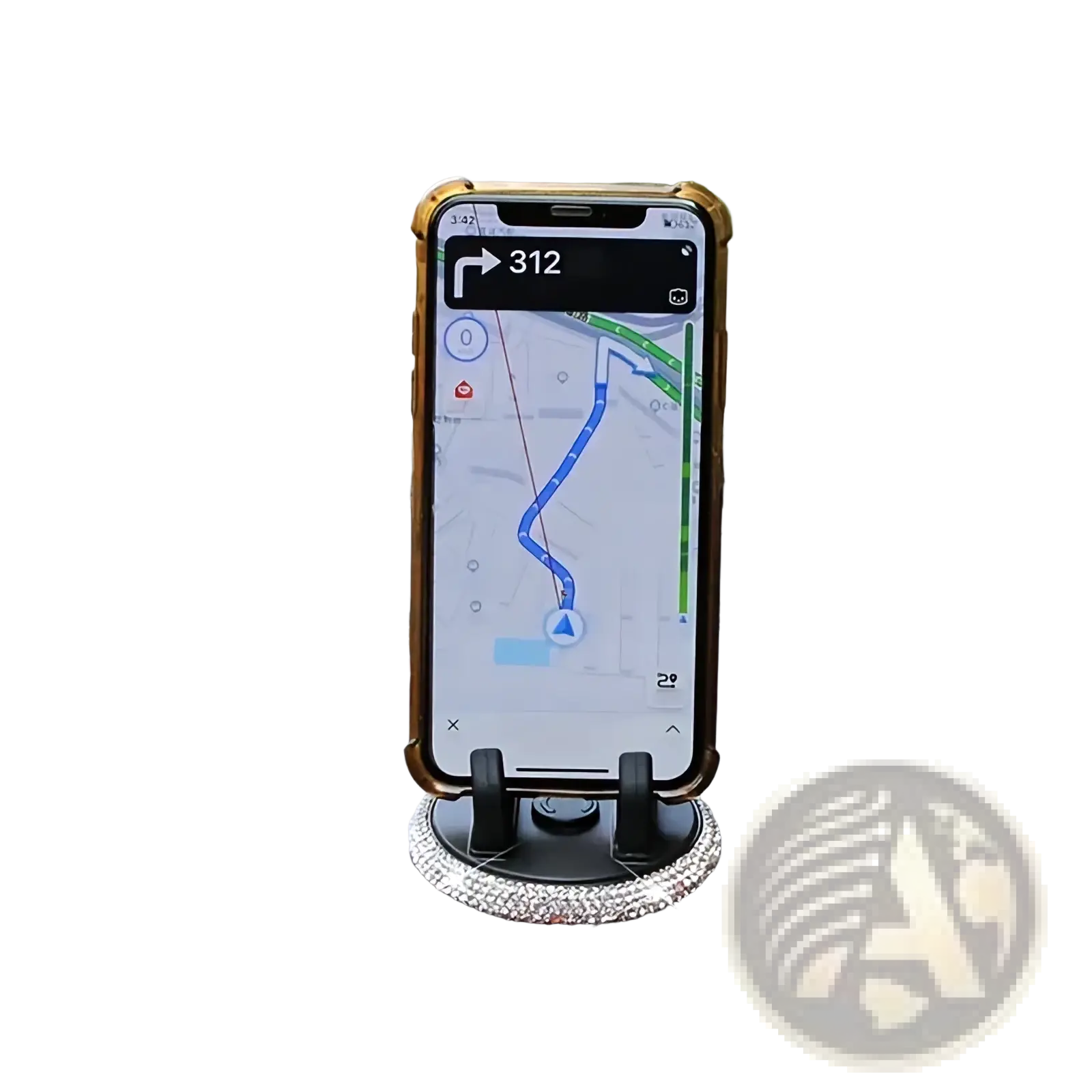 A gold-framed smartphone mounted in a black rhinestone car phone holder vent mount displaying navigation