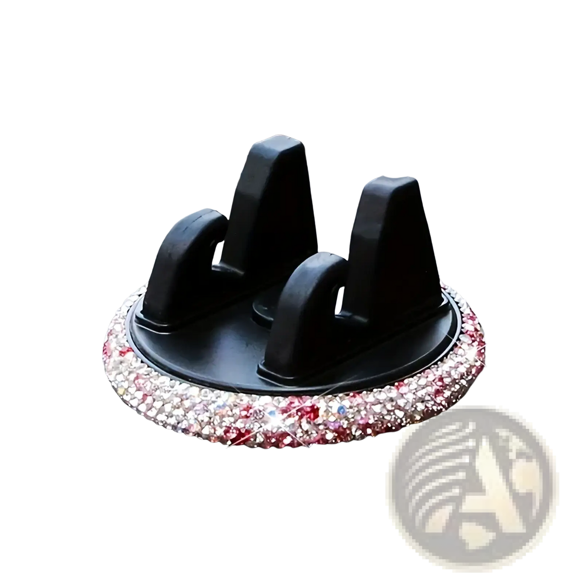 A black rhinestone car phone holder vent mount with sparkling pink and clear rhinestone trim visible from the front