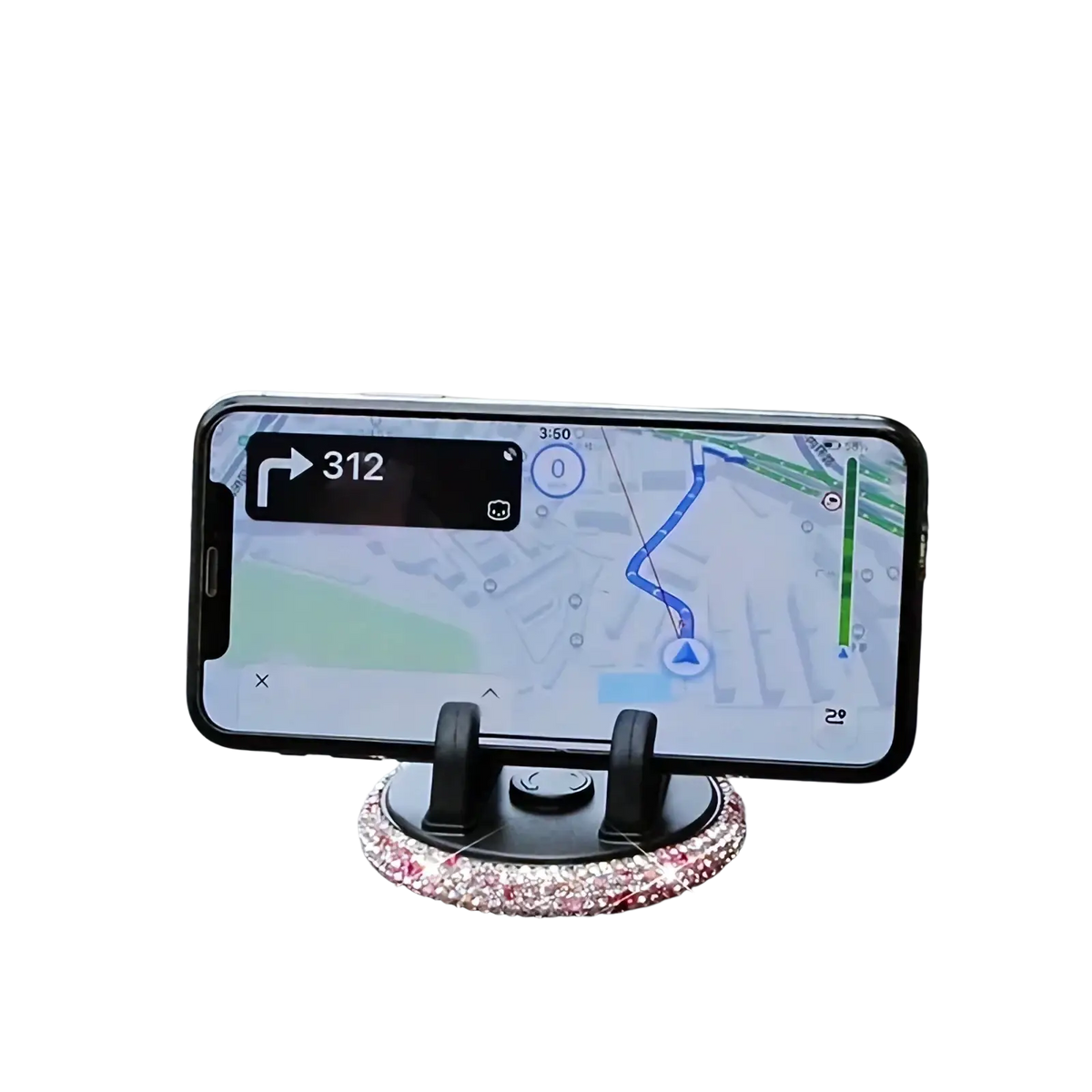 Black rhinestone car phone holder vent mount with sparkling pink and clear rhinestone base for dashboard use