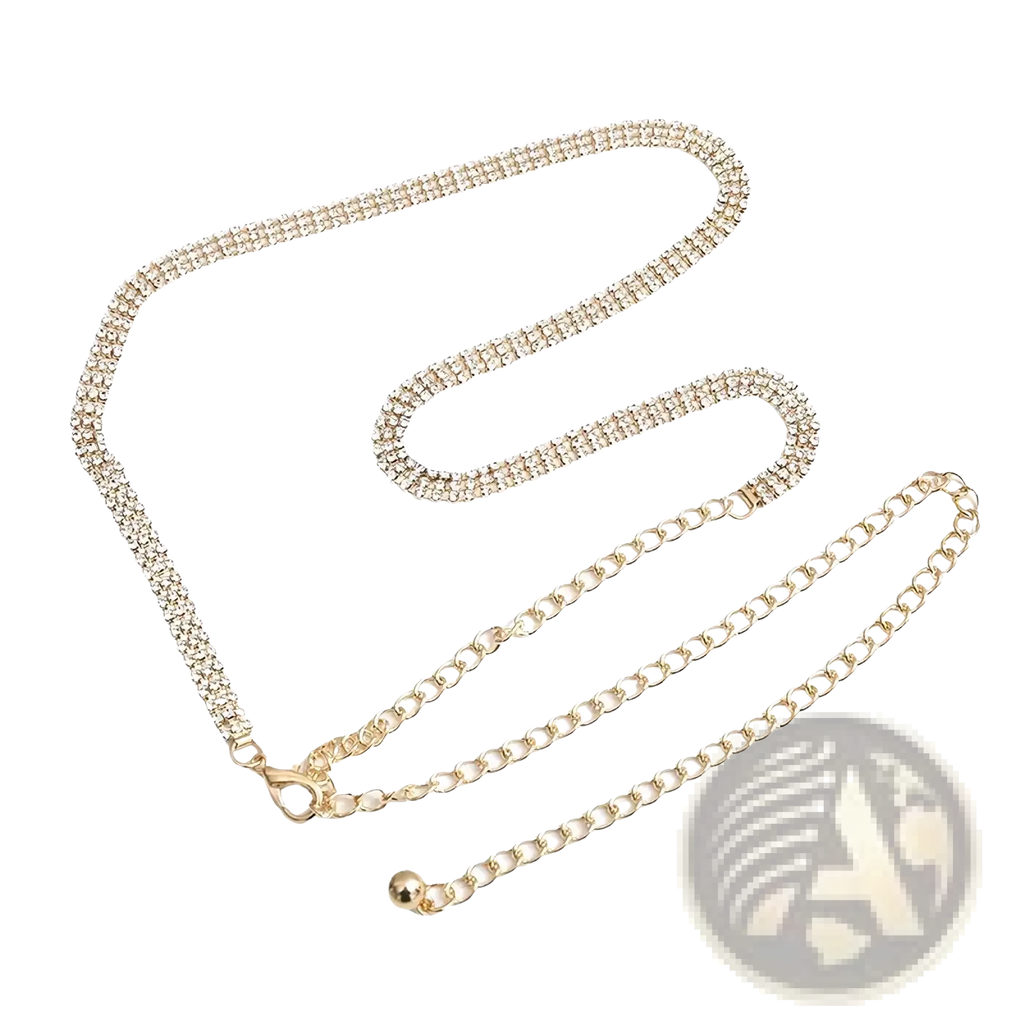 Gold-toned rhinestone chain belt for women featuring a sparkling triple-row design with adjustable metal links