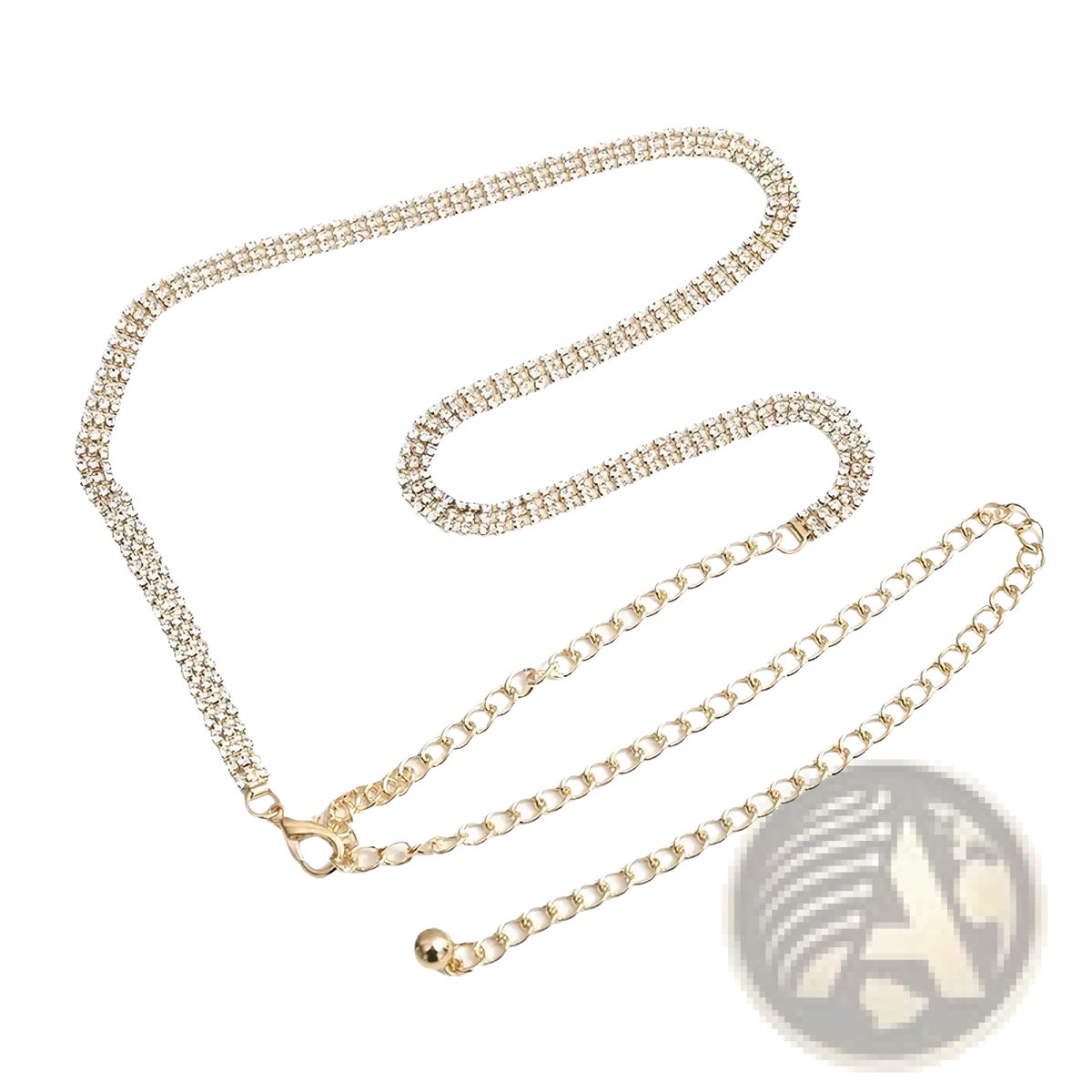 Gold-toned rhinestone chain belt for women featuring a sparkling triple-row design with adjustable metal links