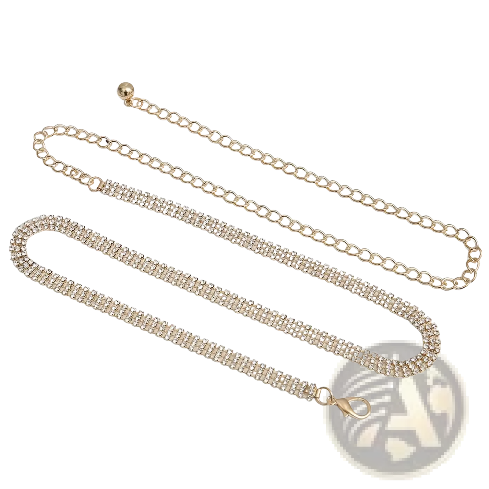 Gold-toned rhinestone chain belt for women featuring adjustable multi-row sparkling design with lobster clasp closure