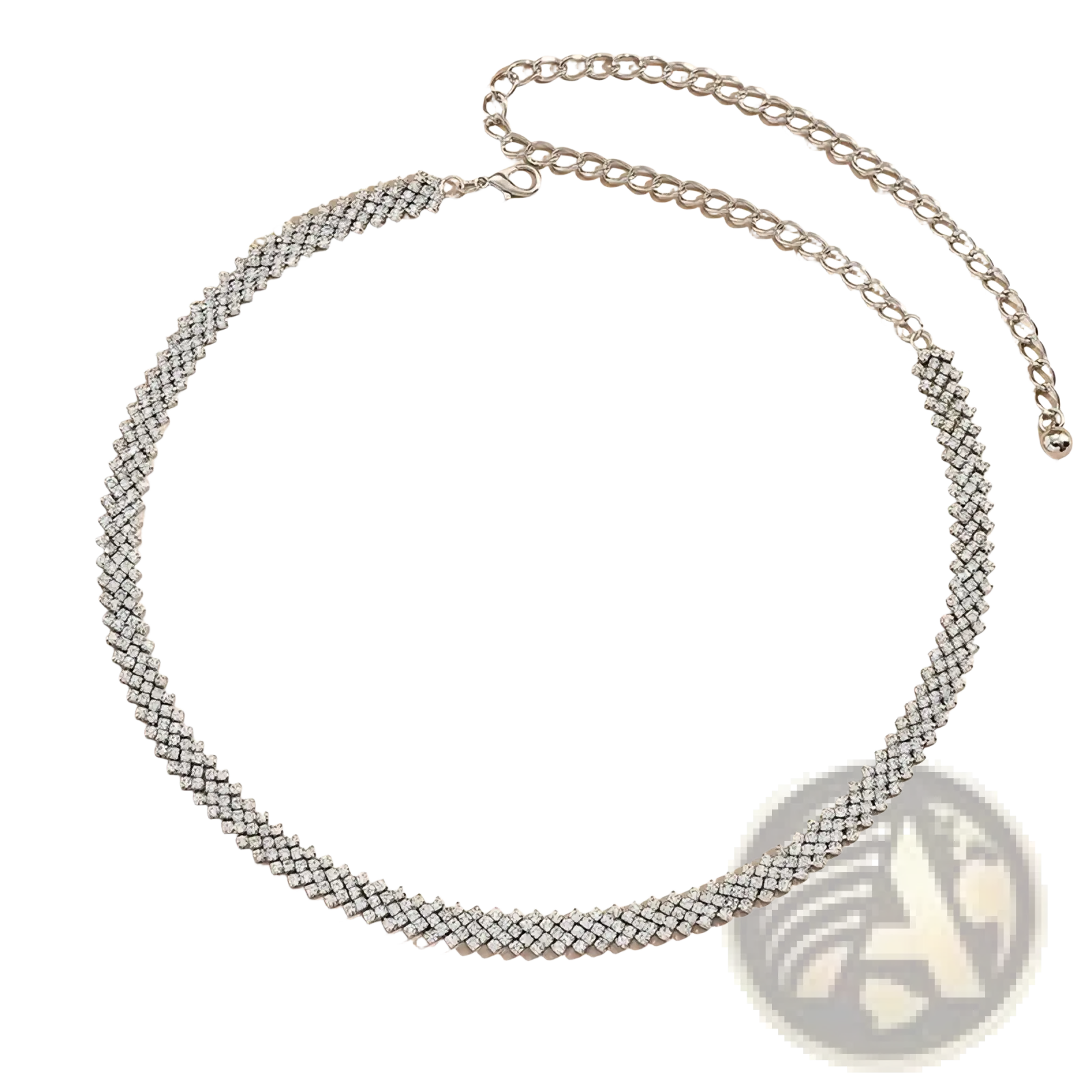Silver rhinestone chain belt for women featuring a woven design with a detachable adjustable metal link