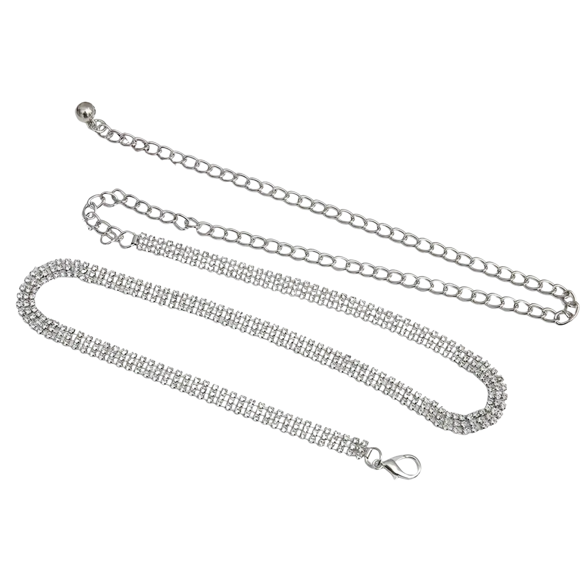 Silver rhinestone chain belt for women with double row rhinestones and adjustable metal clasp waist accessory