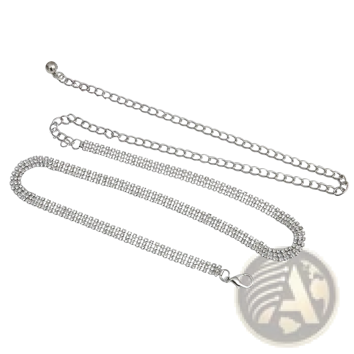 Silver rhinestone chain belt for women featuring double rows of sparkling crystals and an adjustable metal clasp
