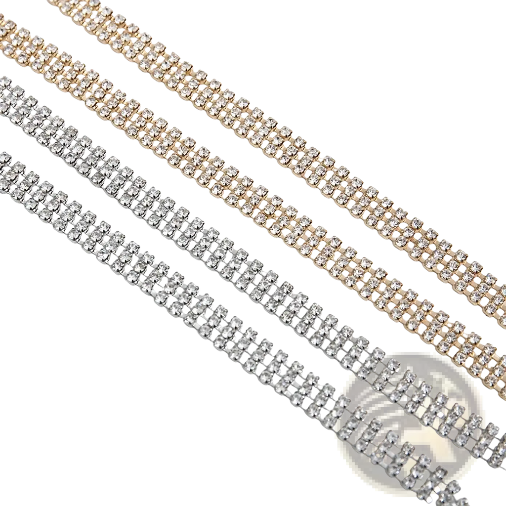 Rhinestone chain belt for women featuring three adjustable parallel rows in gold silver and clear crystal finishes