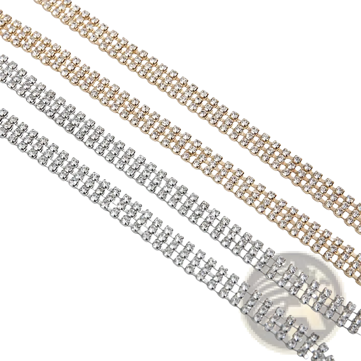 Rhinestone chain belt for women featuring three adjustable parallel rows in gold silver and clear crystal finishes