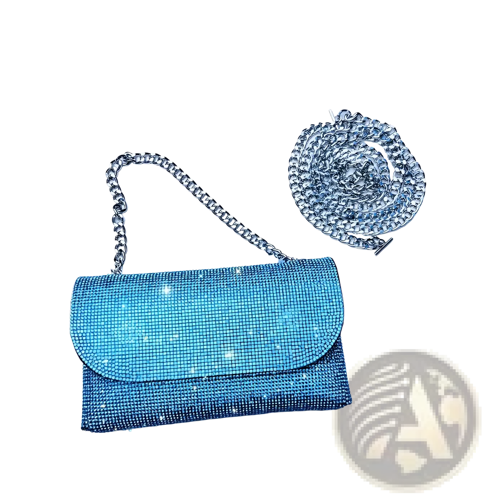 A rhinestone clutch bag in shimmering blue crystal with a silver chain strap perfect for elegant occasions