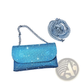 A rhinestone clutch bag in shimmering blue crystal with a silver chain strap perfect for elegant occasions