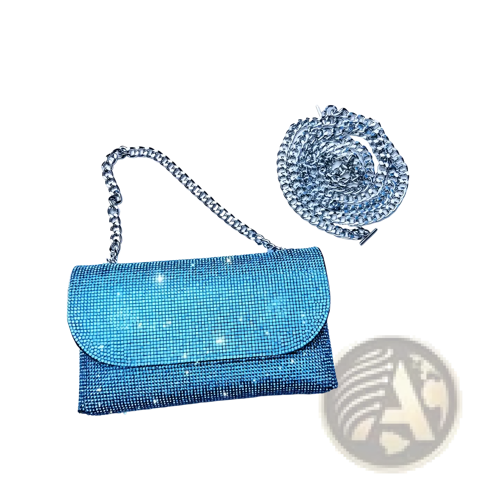 A rhinestone clutch bag in shimmering blue crystal with a silver chain strap perfect for elegant occasions