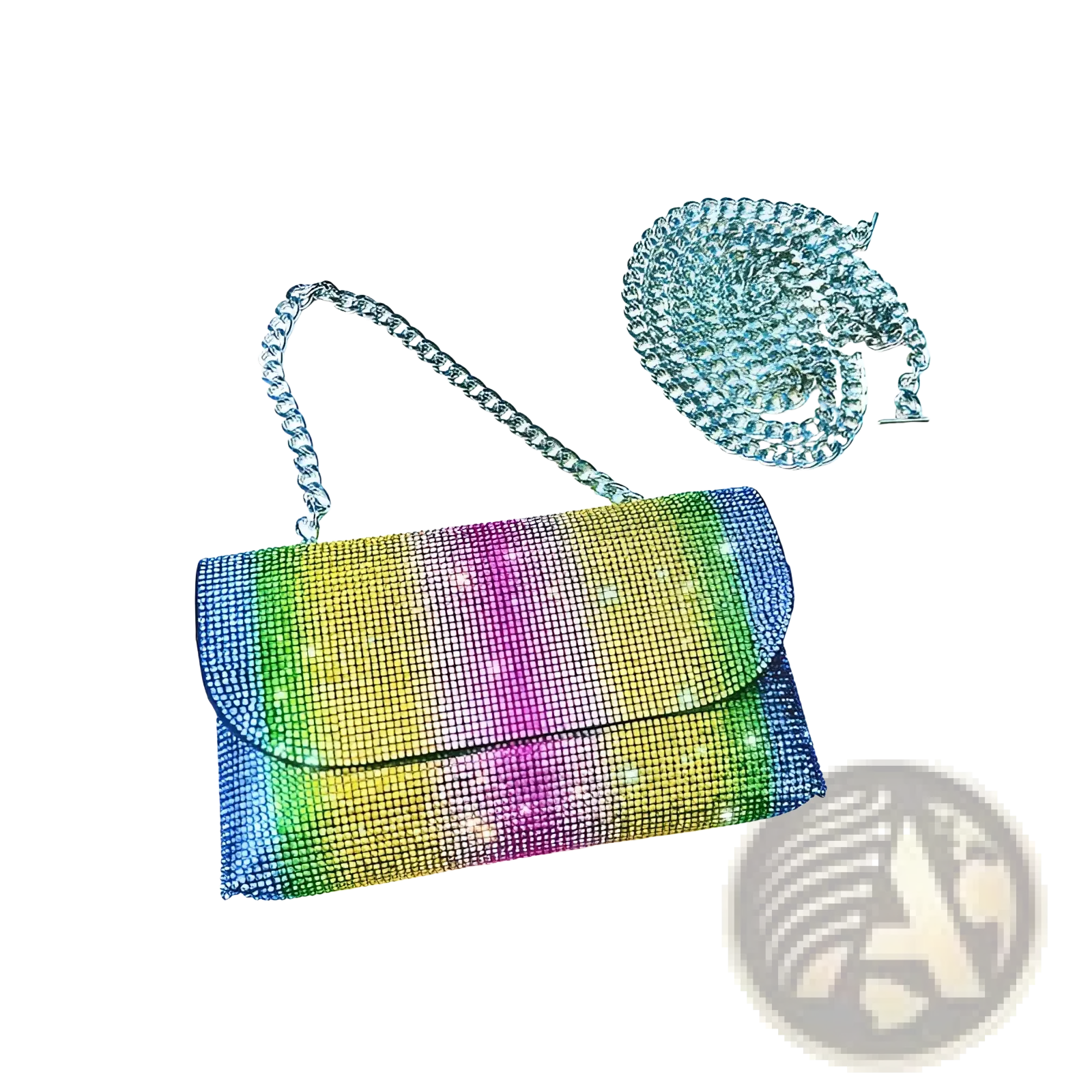 A vibrant rainbow rhinestone clutch bag with a silver chain strap designed for stylish evening use