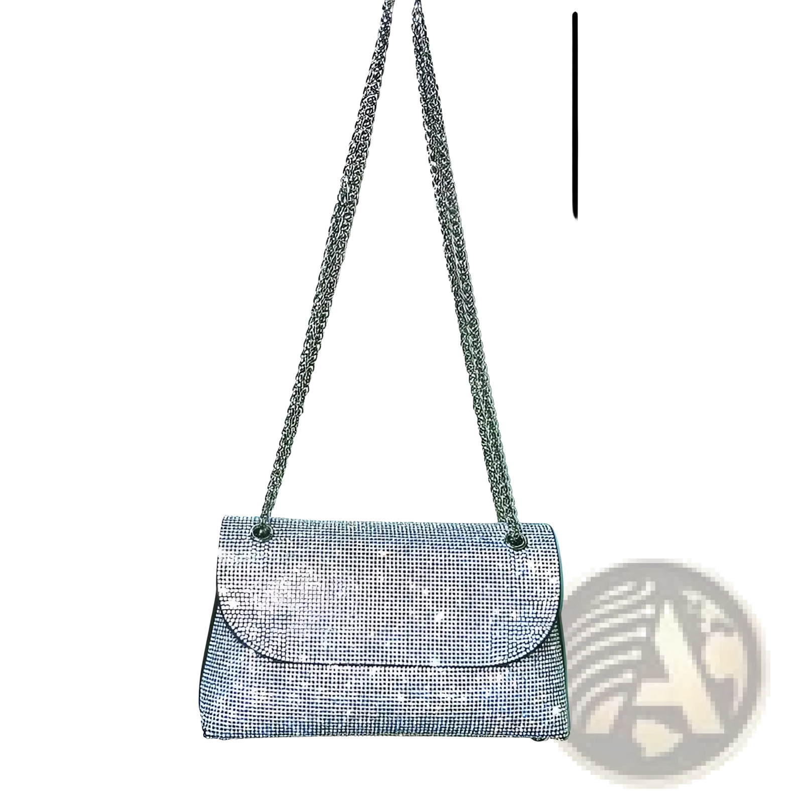 Silver rhinestone-embellished clutch bag with silver chain strap and crossbody design for elegant occasions