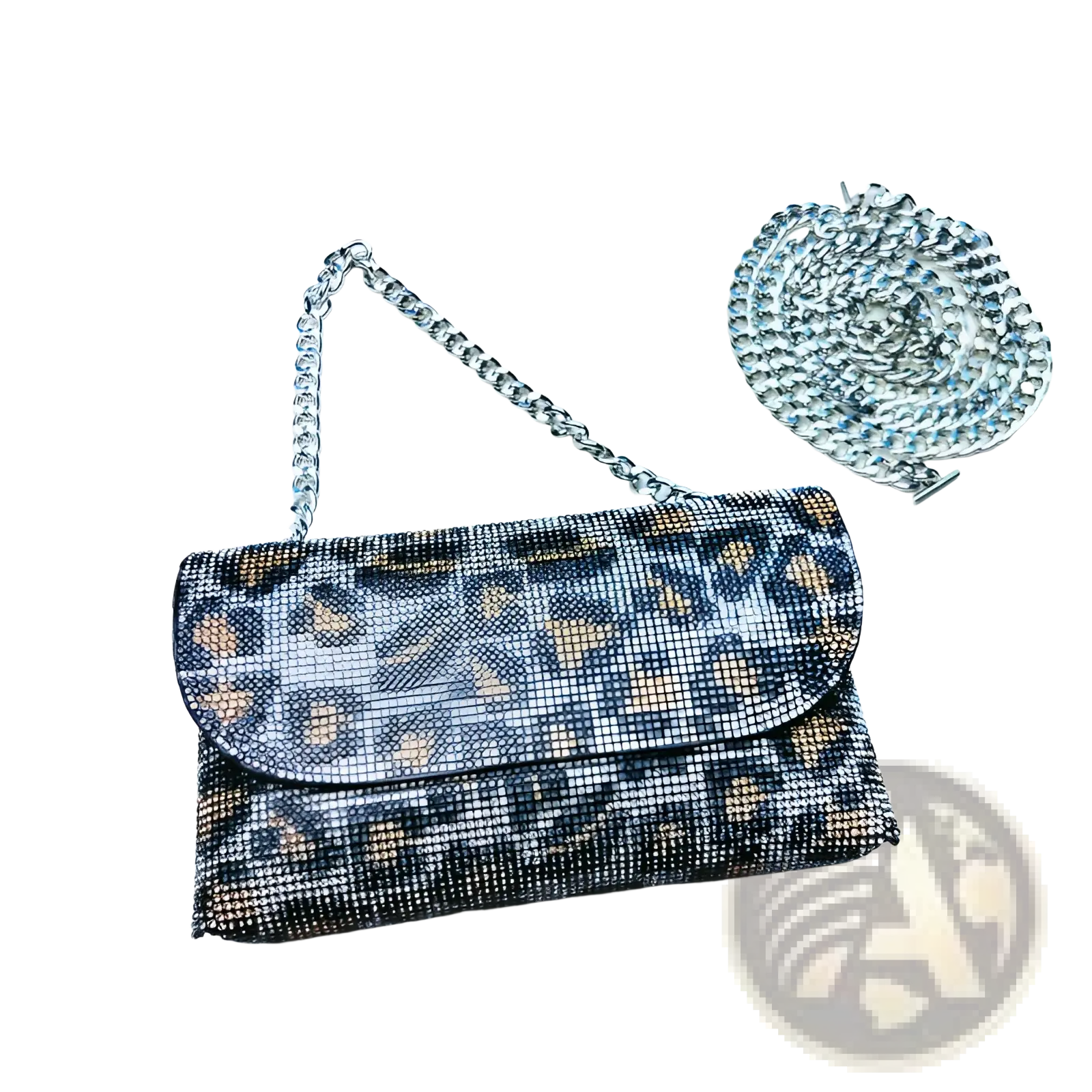 A sparkling leopard-print rhinestone clutch bag with a silver chain strap and an additional coiled chain