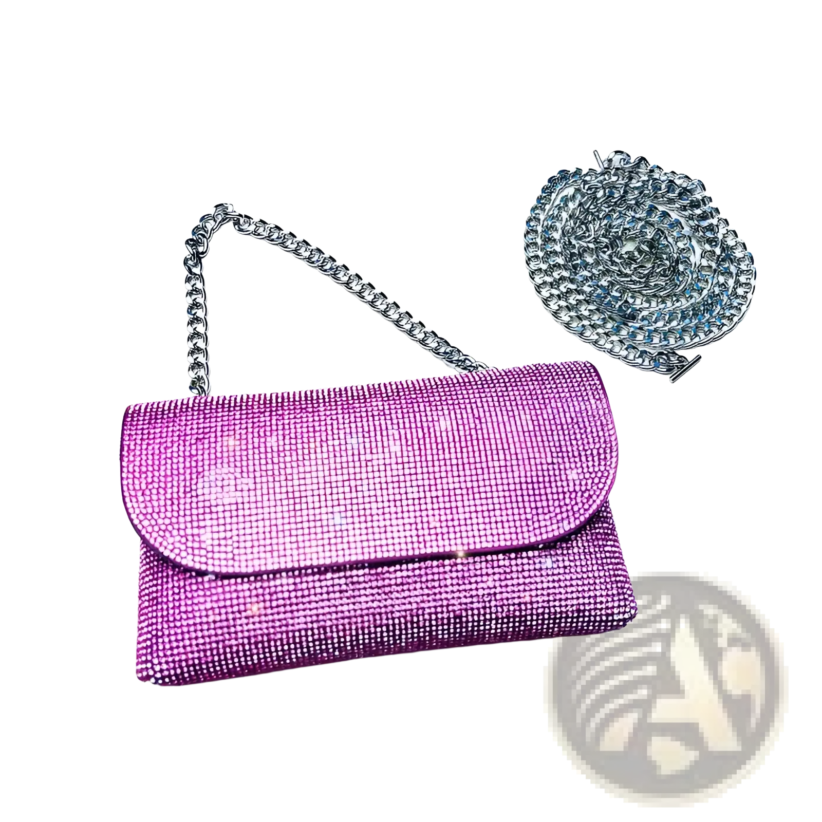 A sparkling pink rhinestone clutch bag with a silver chain strap encrusted with crystals for elegant occasions