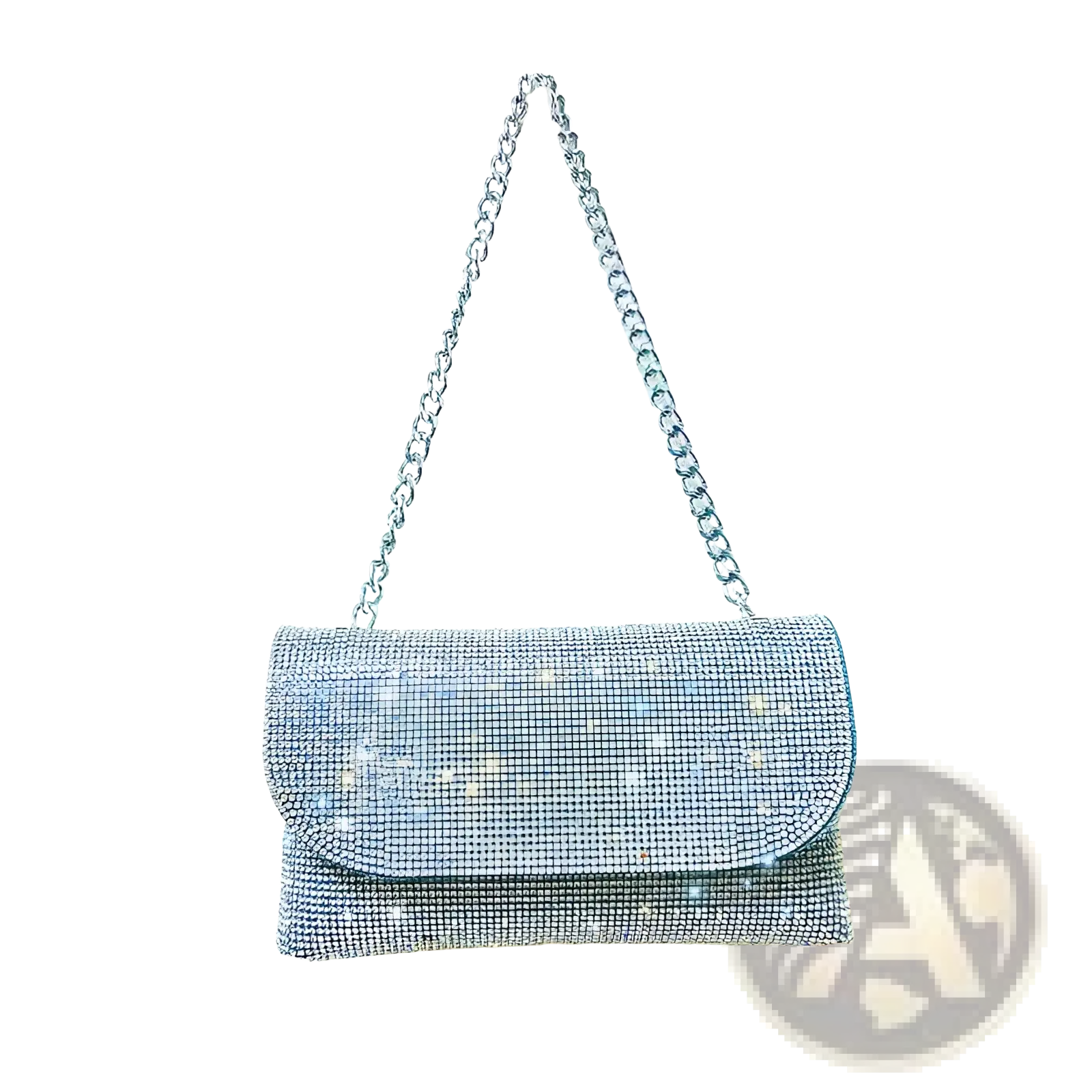 Rhinestone clutch bag with silver chain strap featuring a shimmering silver body and dense sparkling crystal embellishment