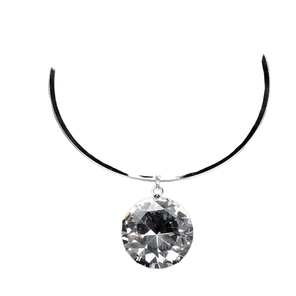 A rhinestone crystal choker necklace featuring a sparkling clear crystal pendant on a sleek silver band for party wear