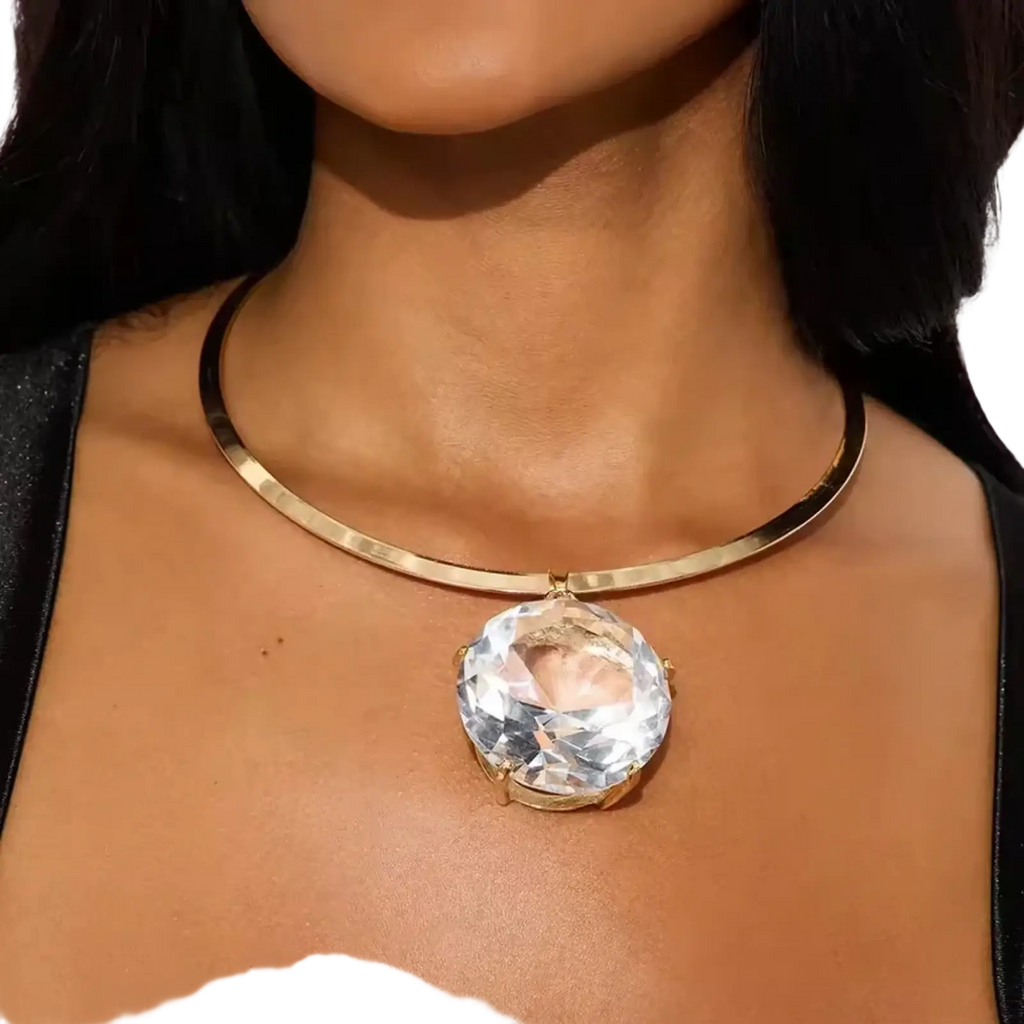 Gold-toned choker necklace with a large faceted clear crystal pendant rhinestone crystal choker necklace party jewelry