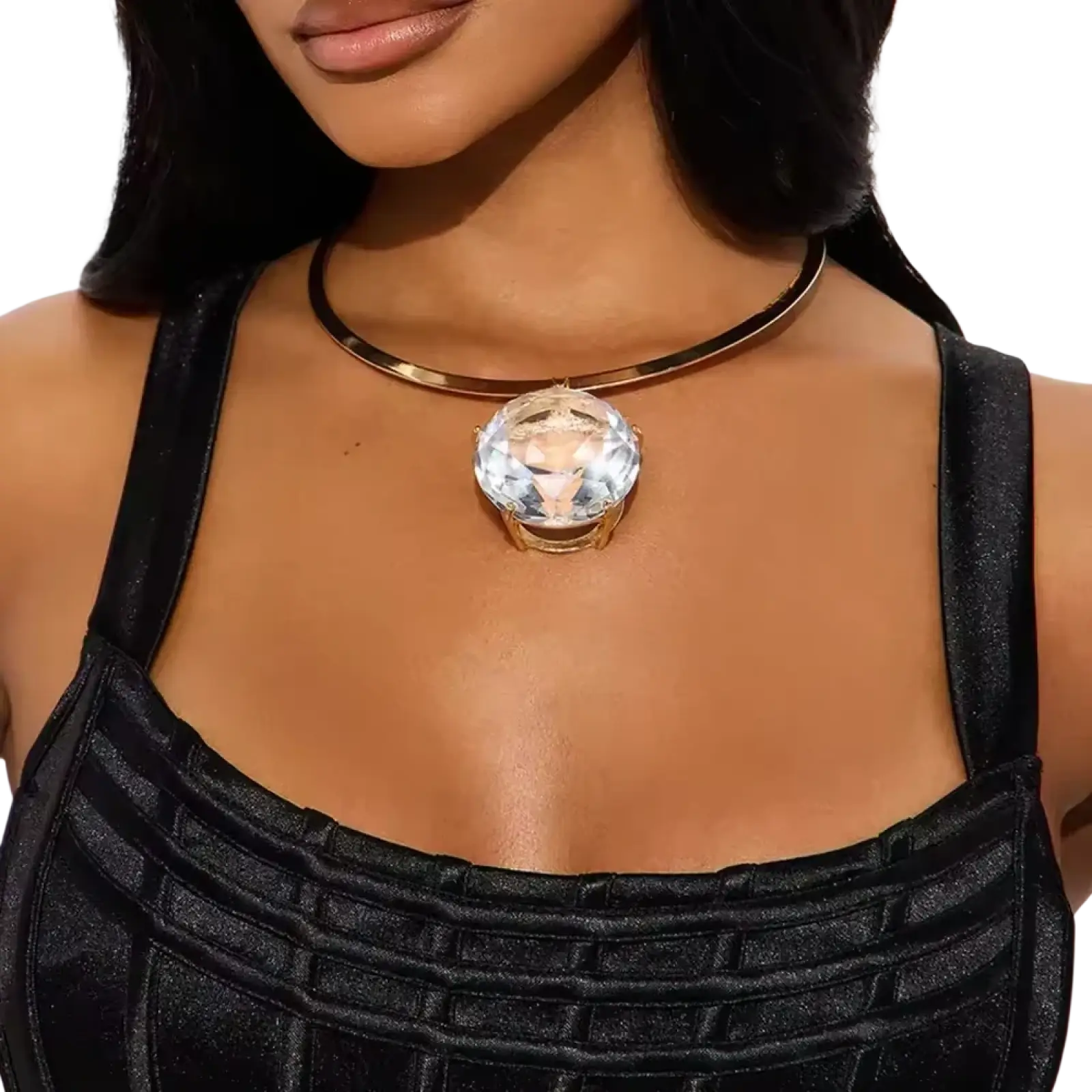 Gold-toned rhinestone crystal choker necklace featuring a large faceted clear gemstone centerpiece for party jewelry