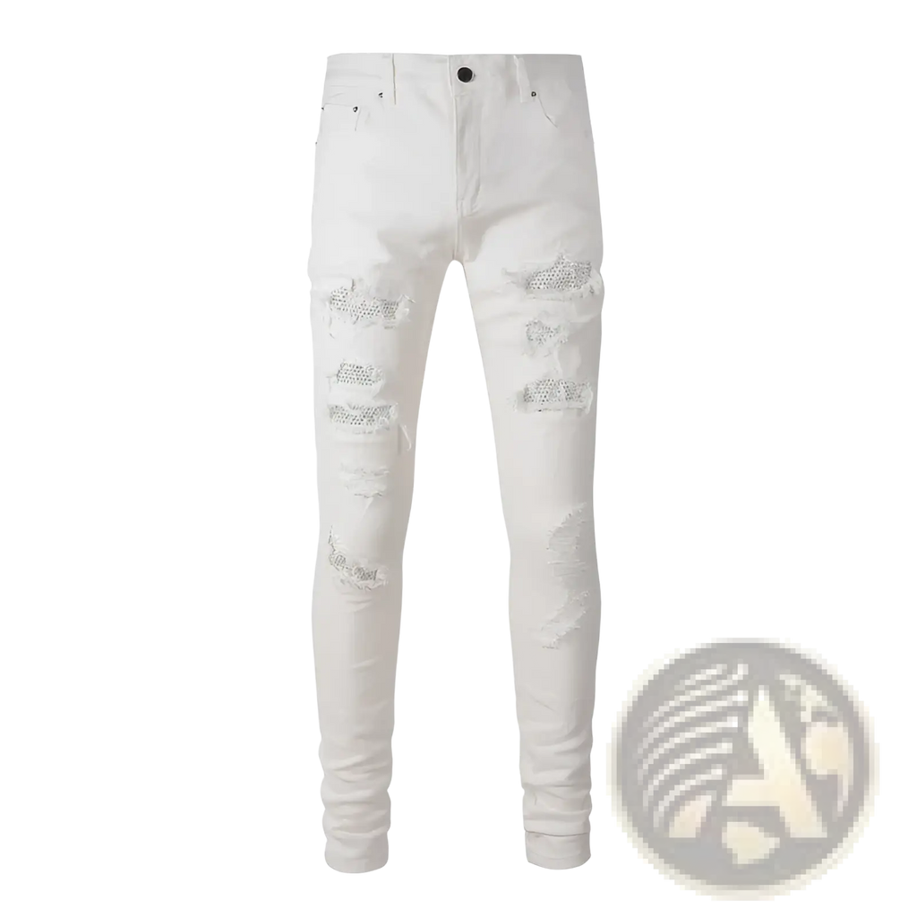 White distressed slim fit mens jeans with sparkling rhinestone embellishments on ripped denim areas