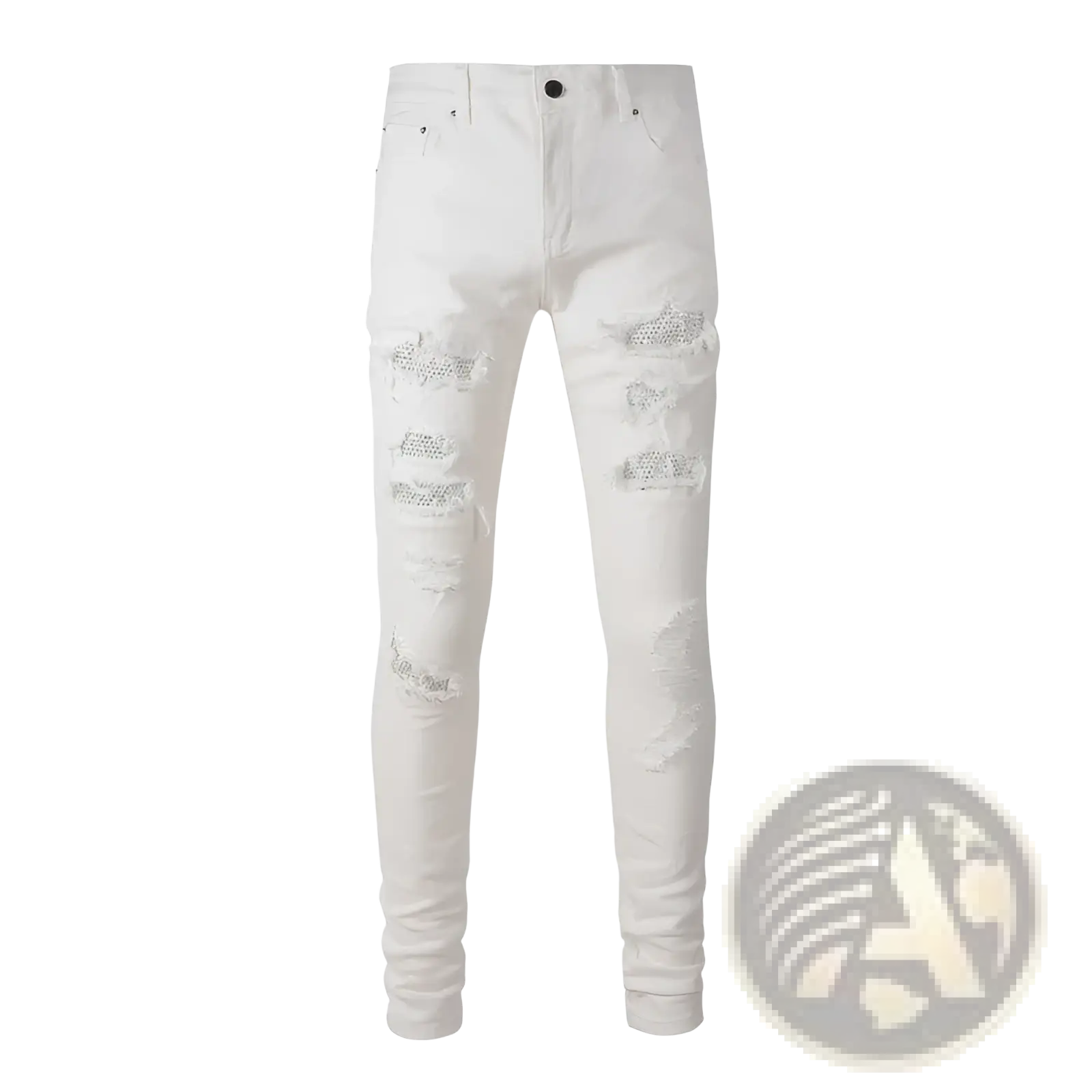 White distressed slim fit mens jeans with sparkling rhinestone embellishments on ripped denim areas