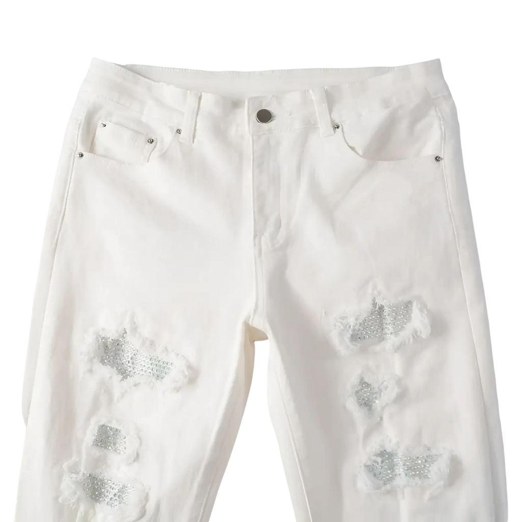 White denim slim fit mens jeans with distressed glitter-embellished rips on thighs and knees rhinestone accents