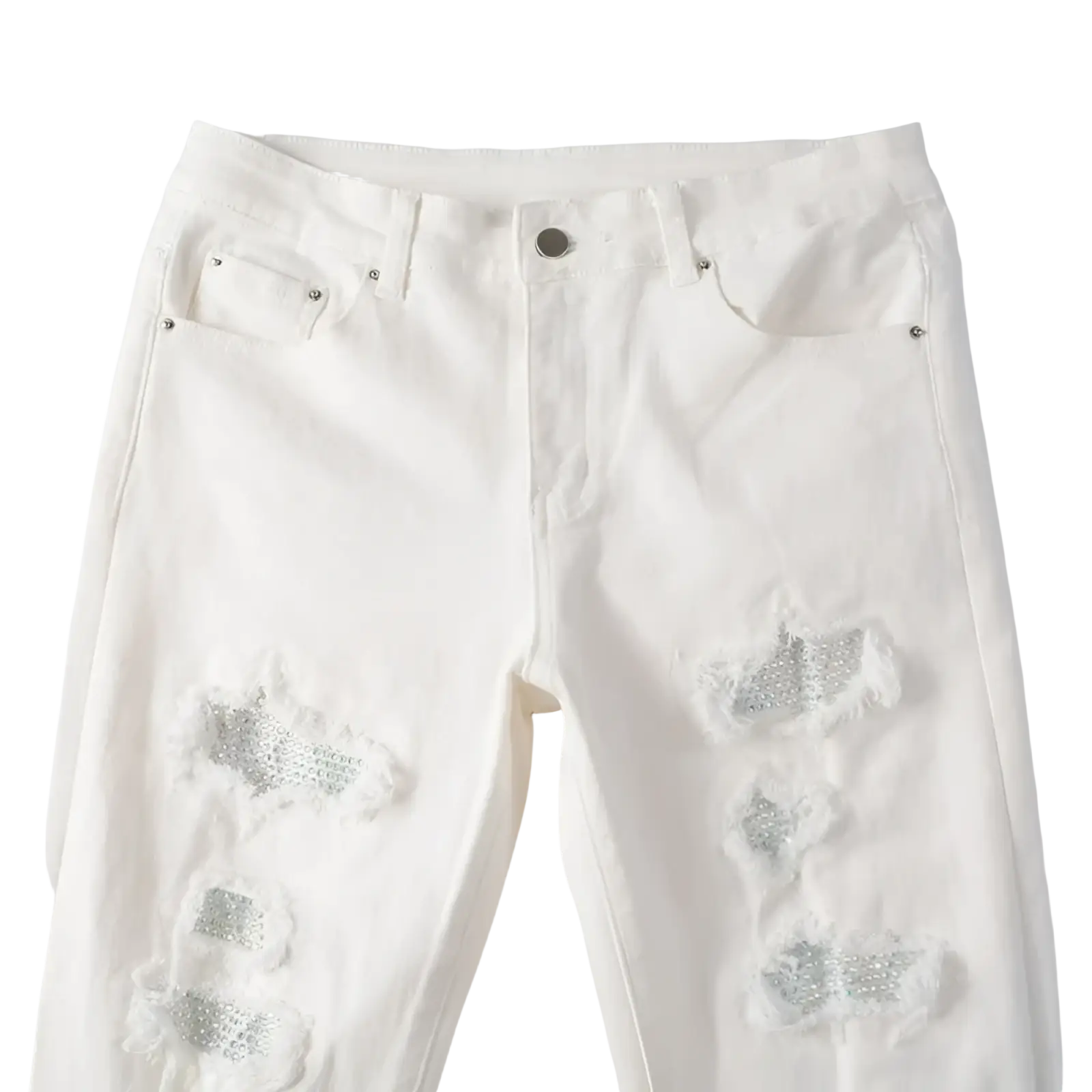 White denim slim fit mens jeans with distressed glitter-embellished rips on thighs and knees rhinestone accents