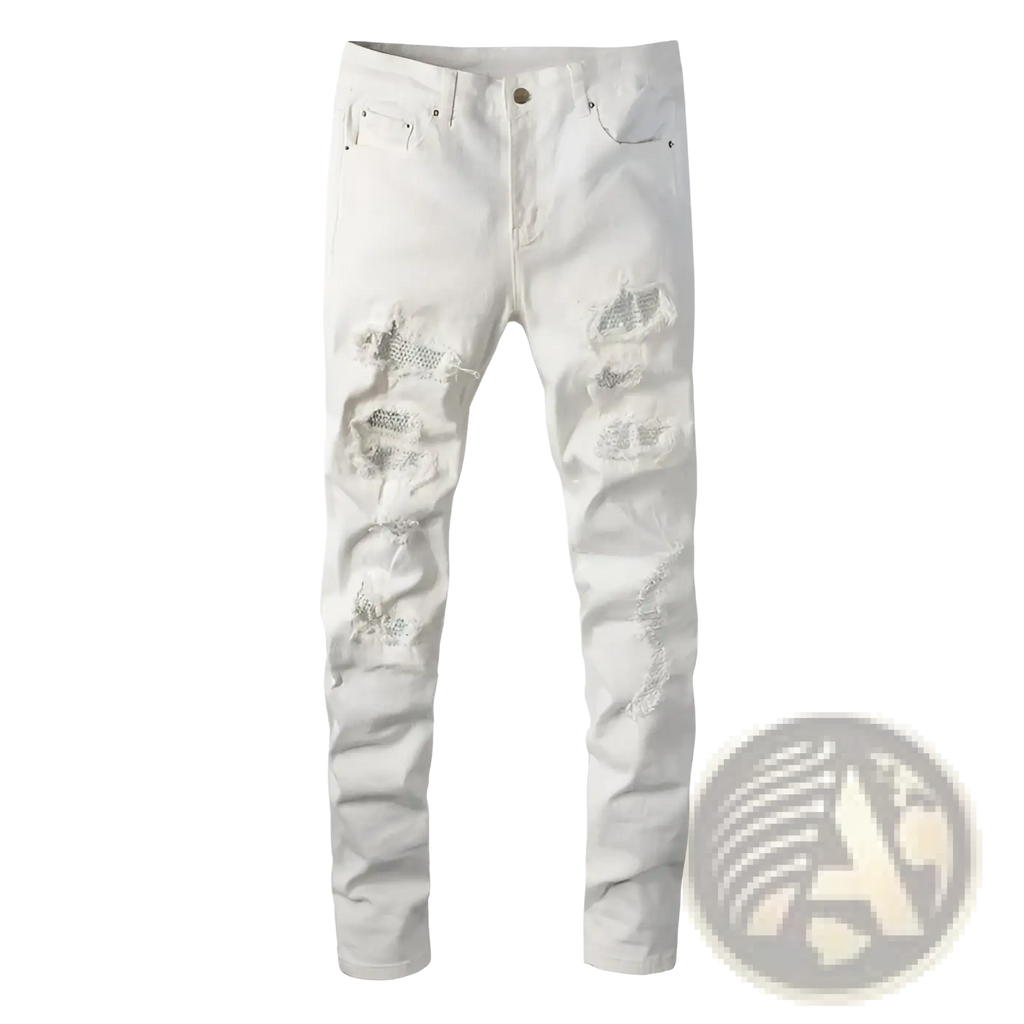 Rhinestone distressed white mens slim fit jeans featuring ripped knee areas in slim fit denim material