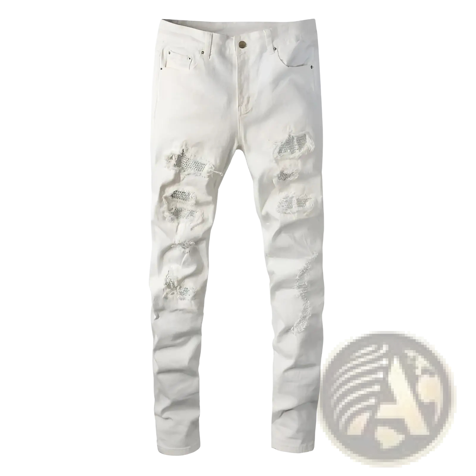Rhinestone distressed white mens slim fit jeans featuring ripped knee areas in slim fit denim material
