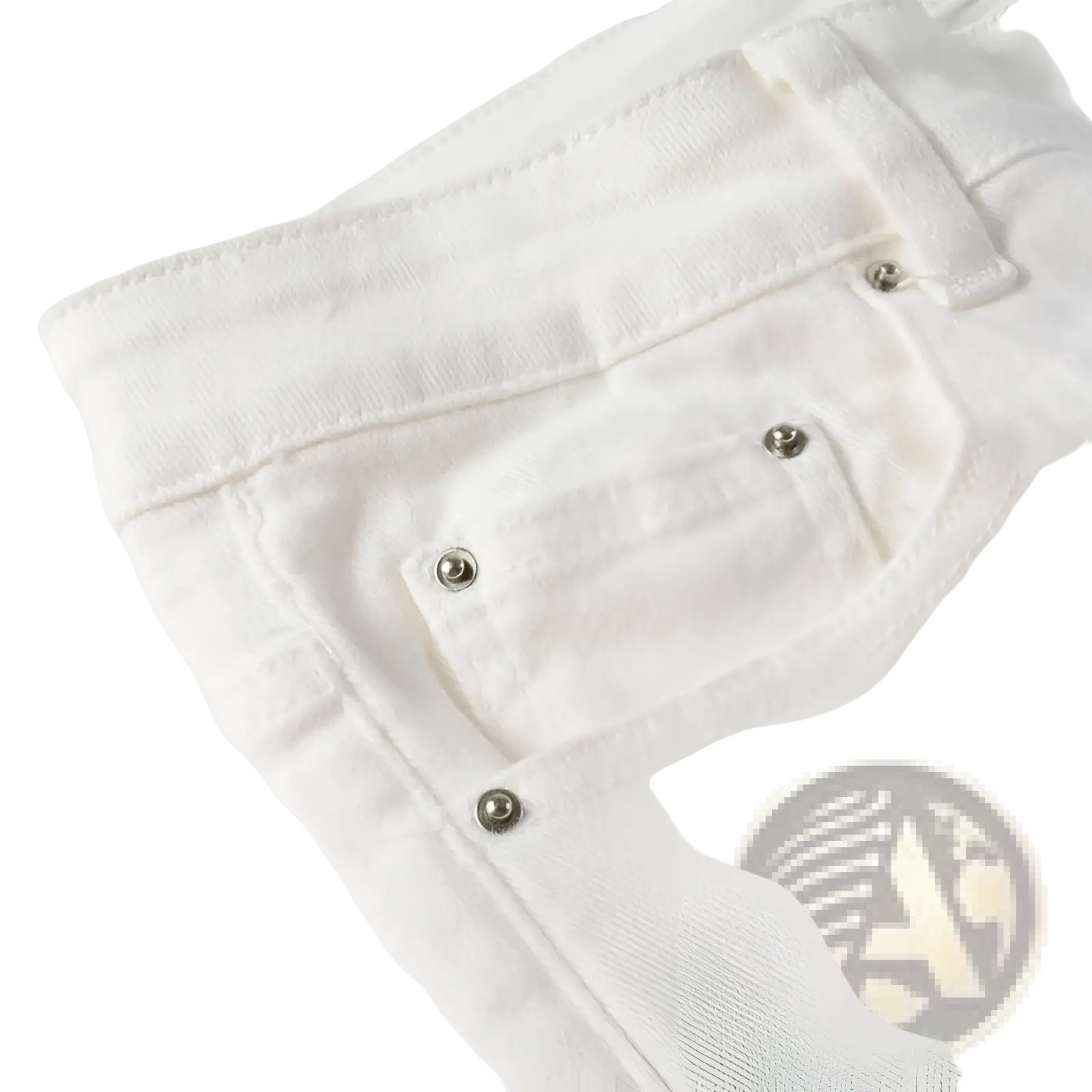 White distressed slim fit mens denim jeans with rhinestones and silver toned button fastenings
