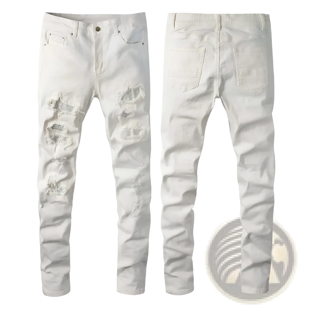 Slim fit rhinestone distressed white denim jeans for men with ripped knee areas and a modern casual style