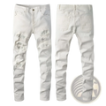 Slim fit rhinestone distressed white denim jeans for men with ripped knee areas and a modern casual style