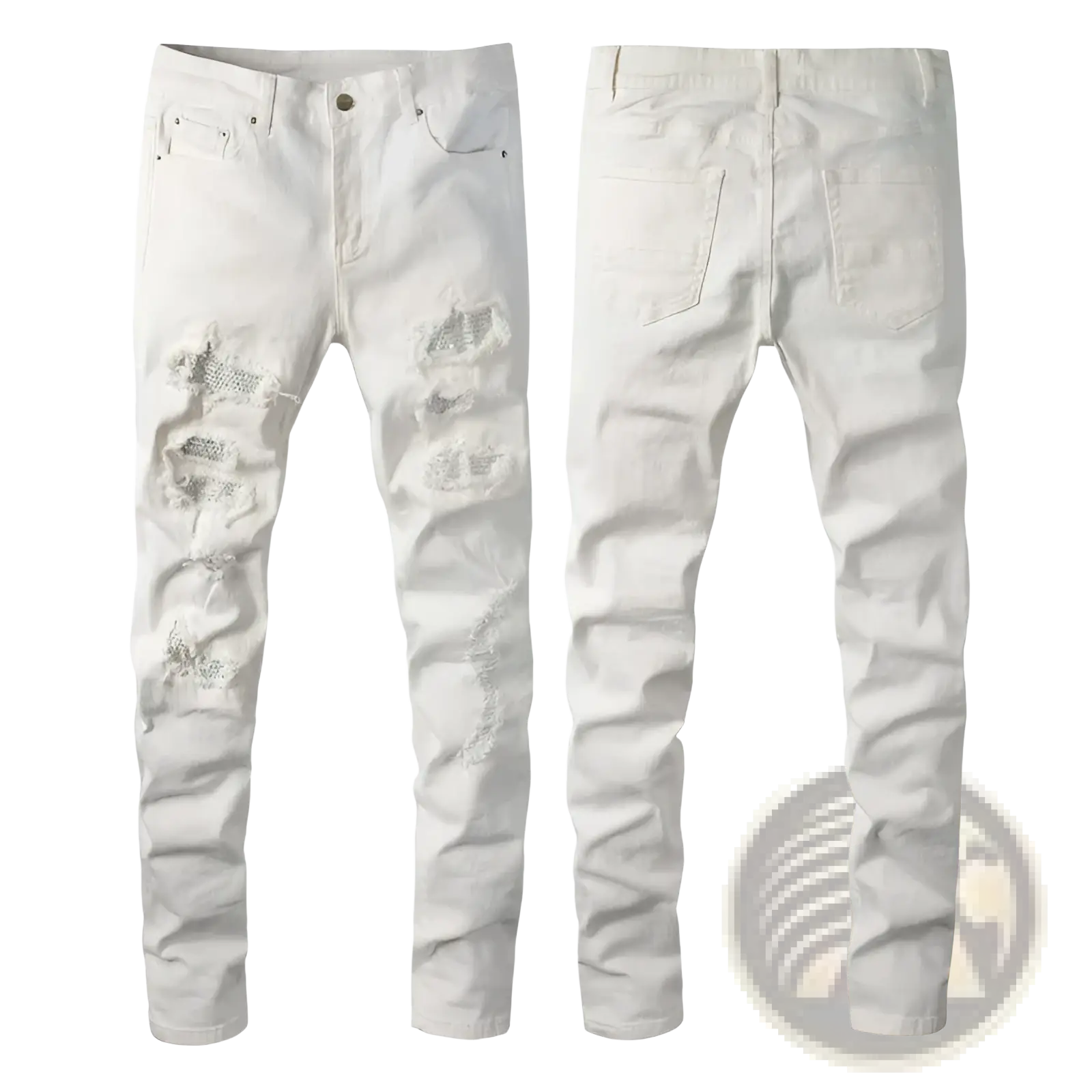 Slim fit rhinestone distressed white denim jeans for men with ripped knee areas and a modern casual style