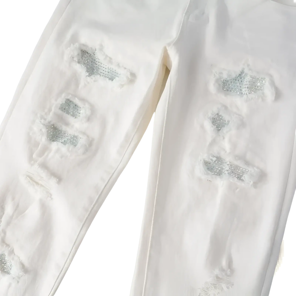 White distressed slim fit mens jeans with multiple silver sequin patches on thighs and knees rhinestone detailing